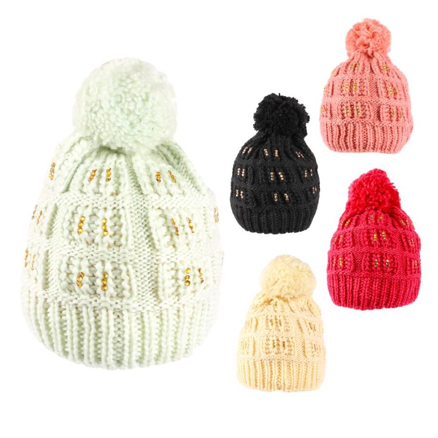 Gorro con Pompon Afelpado con Pedreria Dorada
