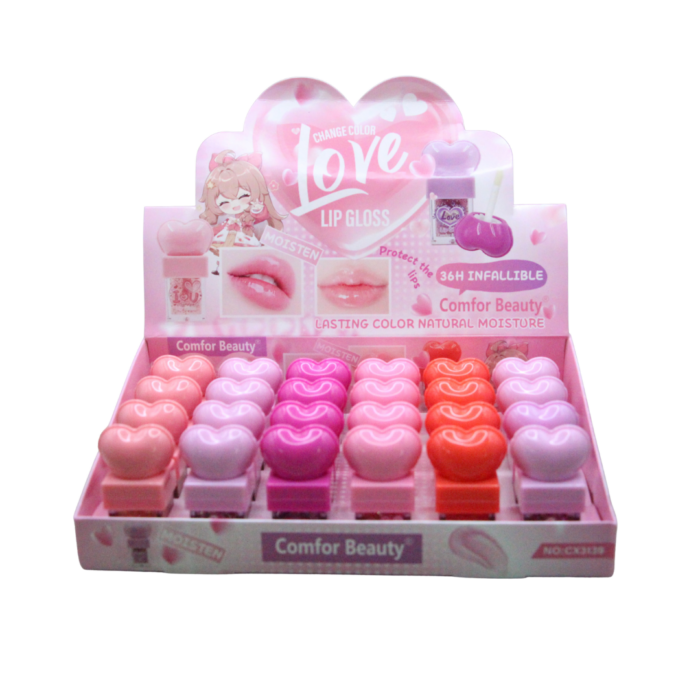 Brillo labial magico de corazon (Set de 24 piezas)